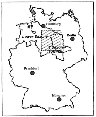 Map of Germany showing study area in the middle of the 
            northern half of the country; Berlin is due east and Hamburg at the
            northeast corner