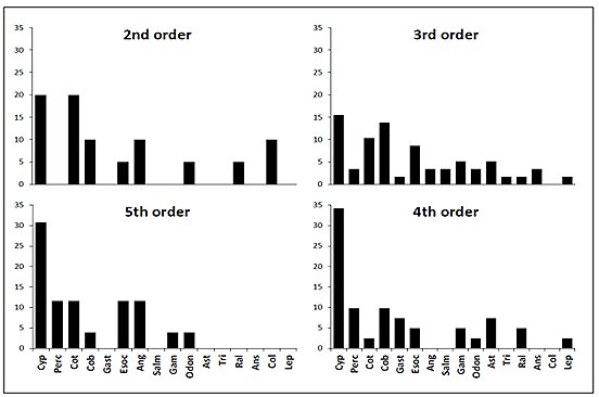 Four graphs showing the relative prey composition on watercourses of different orders fromj 2nd to 4th order.  Click for larger version