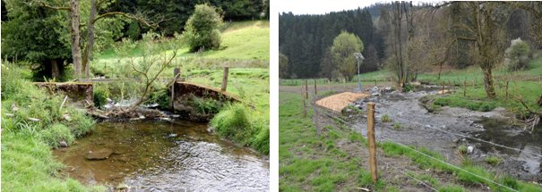 Stretch of river with concrete weir, and then with weir removed showing through flow of water.  Click for larger version