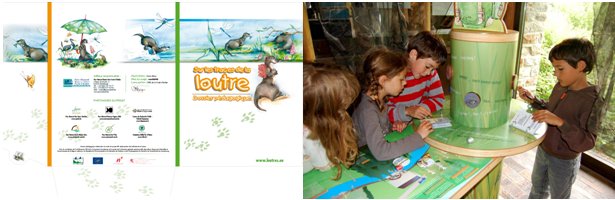 On the left, the covers of the educational booklet "On the tracks of the Otter"; on the right, four children use a visual aid to learn about the otter's lifestyle and habitat.  Click for larger version.
