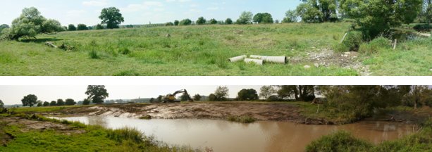 Photos of a stretch of river; the one above is silted up and covered in grass; the one below is dug out and contains water.  Click for larger version