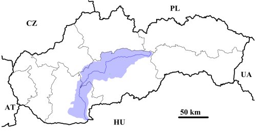 Map of Slovakia showing the catchment of the river Hron runnning from the centre of the country south southwest to the Hungarian border.  Click for larger version.