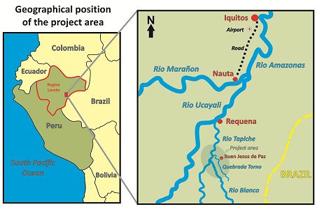 Map showing the Loreto region in the north east of Peru, bordering Ecuador, Colombia and Brazil, and a detailed map showing the study area near the Brazilian border south of Iquitos.  Click for larger version.