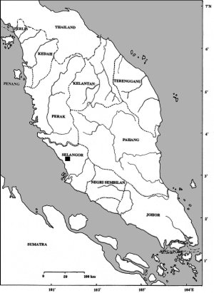Map of the peninsular part of Malaysia with the ocation of the sightings halfway down on the west side somewhat inland. Click for larger version