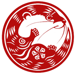 Red and white logo of the meeting - a stylized otter curled round a stylized flower 